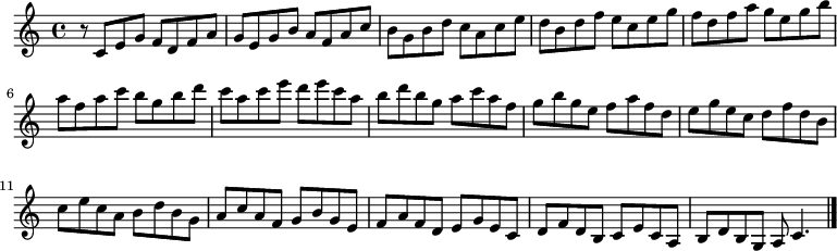 
{

r8
\modalTranspose c c' { c d e f g a b } { c8 e g f }
\modalTranspose c d' { c d e f g a b } { c e g f }
\modalTranspose c e' { c d e f g a b } { c e g f }
\modalTranspose c f' { c d e f g a b } { c e g f }
\modalTranspose c g' { c d e f g a b } { c e g f }
\modalTranspose c a' { c d e f g a b } { c e g f }
\modalTranspose c b' { c d e f g a b } { c e g f }
\modalTranspose c c'' { c d e f g a b } { c e g f }
\modalTranspose c d'' { c d e f g a b } { c e g f }
\modalTranspose c e'' { c d e f g a b } { c e g f }
\modalTranspose c f'' { c d e f g a b } { c e g f }
\modalTranspose c g'' { c d e f g a b } { c e g f }
\modalTranspose c a'' { c d e f g a b } { c e g f }

\modalInversion c e''' { c d e f g a b } { c e g f }
\modalInversion c d''' { c d e f g a b } { c e g f }
\modalInversion c c''' { c d e f g a b } { c e g f }
\modalInversion c b'' { c d e f g a b } { c e g f }
\modalInversion c a'' { c d e f g a b } { c e g f }
\modalInversion c g'' { c d e f g a b } { c e g f }
\modalInversion c f'' { c d e f g a b } { c e g f }
\modalInversion c e'' { c d e f g a b } { c e g f }
\modalInversion c d'' { c d e f g a b } { c e g f }
\modalInversion c c'' { c d e f g a b } { c e g f }
\modalInversion c b' { c d e f g a b } { c e g f }
\modalInversion c a' { c d e f g a b } { c e g f }
\modalInversion c g' { c d e f g a b } { c e g f }
\modalInversion c f' { c d e f g a b } { c e g f }
\modalInversion c e' { c d e f g a b } { c e g f }
\modalInversion c d' { c d e f g a b } { c e g f }


c'4.

\bar "|."
}
