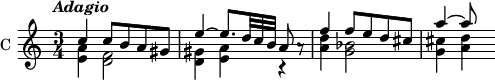 
\language "italiano"
\score {
 \new Staff \with { instrumentName = "C " } <<
 \new Voice = "first"
    \relative { \voiceOne 
      \clef treble
      \time 3/4
      \tempo \markup { \italic "Adagio" }
      \key do \major
      do''4 do8 si la sold | mi'4~ mi8.[ \omit TupletNumber \omit TupletBracket \tuplet 3/2 { re32 do si }] la8 la\rest | fa'4 fa8 mi re dod | la'4~ la8 s
    }
  \new Voice= "second"
    \relative { \voiceTwo 
      <la' mi>4 <fa re>2 | <sold re>4 <la mi> r |<re la>4 <sib sol>2 | <dod sol>4 <re la>
    }
 >>
 \layout {
    \context { \Staff \RemoveEmptyStaves }
    indent = 0\cm
    line-width = #120
    \override Score.BarNumber #'stencil = ##f
  }
  \midi { }
}
\header { tagline = ##f}
