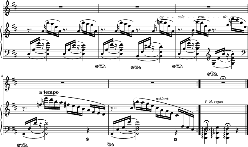 
sVarC = { << { \voiceOne d,16\sustainOff\sustainOn [a' g'] f\rest s4 } \new Voice { \voiceTwo \once \hide Stem d,4(d) } \new Voice { \voiceTwo s16 \once \hide Stem a'8(s16 a4) } \new Voice { \voiceTwo s8 \slurUp \once \hide Stem g'(g4) } >> 
<< { \voiceOne d,16[a' e'] d\rest s4 } \new Voice { \voiceTwo \once \hide Stem d,4(d) } \new Voice { \voiceTwo s16 \once \hide Stem a'8(s16 a4) } \new Voice { \voiceTwo s8 \slurUp \once \hide Stem e'(e4) } >> | 
<< { \voiceOne d,16\sustainOff\sustainOn[a' fis'] e\rest s4 } \new Voice { \voiceTwo \once \hide Stem d,4(d) } \new Voice { \voiceTwo s16 \once \hide Stem a'8(s16 a4) } \new Voice { \voiceTwo s8 \slurUp \once \hide Stem fis'(fis4) } >> 
<< { \voiceOne b,,16\sustainOff\sustainOn[fis' dis'] c\rest s4 } \new Voice { \voiceTwo \once \hide Stem b,4(b) } \new Voice { \voiceTwo s16 \once \hide Stem fis'8(s16 fis4) } \new Voice { \voiceTwo s8 \slurUp \once \hide Stem dis'(dis4) } >> | 
<< { \voiceOne d,16\sustainOff\sustainOn[b' g'] f\rest s4 } \new Voice { \voiceTwo \once \hide Stem d,4(d) } \new Voice { \voiceTwo s16 \once \hide Stem b'8(s16 b4) } \new Voice { \voiceTwo s8 \slurUp \once \hide Stem g'(g4) } >> \clef "violin"
<< { \voiceOne g,16\sustainOff\sustainOn[e' b'] a\rest s4 } \new Voice { \voiceTwo \once \hide Stem g,4(g) } \new Voice { \voiceTwo s16 \once \hide Stem e'8(s16 e4) } \new Voice { \voiceTwo s8 \slurUp \once \hide Stem b'(b4) } >> \clef "bass" | 
<< { \voiceOne a,,16\sustainOff\sustainOn[fis' d'] c\rest s2 } \new Voice { \voiceTwo \once \hide Stem a,4(a2) } \new Voice { \voiceTwo s16 \once \hide Stem fis'8(s16 fis2) } \new Voice { \voiceTwo s8 \slurUp \once \hide Stem d'(d2) } >> \oneVoice r4\sustainOff |
<< { \voiceOne a,16\sustainOn[e' g e'] s2 } \new Voice { \voiceTwo \once \hide Stem a,,4(a2) } \new Voice { \voiceTwo s16 \once \hide Stem e'8(s16 e2) } \new Voice { \voiceTwo s8 \once \hide Stem g(g2) } \new Voice { \voiceTwo s8. \slurUp \once \hide Stem e'16(e2) } >> \oneVoice b,4\rest\sustainOff | 
\stemDown <d, a' fis'>4\arpeggio <d bes' g'>\arpeggio <d a' fis'>\arpeggio\fermata r | }

sVarA = { R1*5 | }

sVarAk = { R1\fermata \bar "|." }

sVarB = { r8. a16( b'[a e a,]) r8. a16( b'[a g a,]) | 
r8. a16( b'[a fis a,]) r8. a16( c'^\markup { \small \italic "ac   -   - " } [b fis a,]) | 
r8.^\markup { \small \italic "cele   -   -   ran   -   -   -   do" } b16( cis'[b fis b,]) r8. \stemUp g'16( \stemNeutral fis'[e b e,]) | 
r8. \stemUp f16(^\markup { \bold "a tempo" } \stemDown e'[d b a] fis[e d b] \stemUp a[fis e d]) | 
r8.. cis'32( \stemDown b'16[a g e] cis^\markup { \small \italic "rallent." } [a g e] \stemUp cis[\change Staff="down" a g e]) | 
<< { \change Staff="down" d2.\fermata s4 } \new Voice {\change Staff="up" s1^\markup { \small \italic "V. S. repet." } } >> | }

\paper { #(set-paper-size "a3")
 oddHeaderMarkup = "" evenHeaderMarkup = "" }
\header { tagline = ##f }
\version "2.18.2"
\score {
\midi {  }
\layout { line-width = #200
\context { \PianoStaff \consists #Span_stem_engraver } indent = 0\cm}
<<
\new Staff { \clef "violin" \key d \major \time 4/4 \override Staff.TimeSignature #'transparent = ##t \autoBeamOff \relative f' { \repeat volta 4 { \sVarA } \sVarAk } }
\new PianoStaff <<
  \new Staff = "up" { \clef "violin" \key d \major \time 4/4 \override Staff.TimeSignature #'transparent = ##t \relative a' { \sVarB } }
  \new Staff = "down" { \clef "bass" \key d \major \time 4/4 \override Staff.TimeSignature #'transparent = ##t \relative d' { \sVarC } }
  >>
>> }