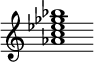 {
  % Rivin lopun pystyviiva ja tahtiosoitus piiloon.
  \override Score.BarLine.break-visibility = ##(#f #t #t)
  \override Staff.TimeSignature #'stencil = ##f
  
  <aes' c'' ees'' ges'' bes''>1
}
