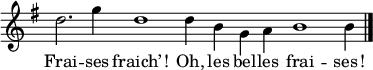 \relative c'' {
  \time 4/4
  \omit Staff.TimeSignature 
  \omit Score.BarLine
  \stemDown
  \key g \major 
  d2. g4 d1
  d4 b g a b1 b4
  \undo \omit Score.BarLine
  \bar "|."
}
\addlyrics {
  Frai -- ses fraich’ ! Oh, les bel -- les frai -- ses !
}