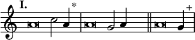 
\language "français" % pour avoir du sol, la etc...
\relative {  \key do \major \tempo "I."   
            \set Score.tempoHideNote = ##t \tempo 4 = 200 \cadenzaOn % rythme pour le midi, retrait des barre auto
            \override Score.TimeSignature.stencil = ##f %Enlève la clef de Do
            \override Score.SpacingSpanner.common-shortest-duration = #(ly:make-moment 1 2) %Espace entre les notes 1/2 c’est bien.
la'\breve do2 la4 s2^"*"\bar "|" 
la\breve sol2 la4  s2\bar "||"
la\breve sol4  s2^"+"\bar "|" 
\cadenzaOff }
