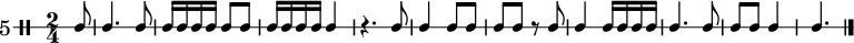 \new DrumStaff \with {
  instrumentName = \markup \huge {"5"}
} \drummode {
  \override Staff.StaffSymbol #'line-count = #1
  \override Score.MetronomeMark #'stencil = ##f
  \tempo 4 = 60
  \time 2/4
  \stemUp
  \partial 8 ssh8 | ssh4. ssh8 | ssh16 ssh ssh ssh ssh8 ssh | ssh16 ssh ssh ssh ssh4 | r4. ssh8 | ssh4 ssh8 ssh | ssh8 ssh r ssh |
  ssh4 ssh16 ssh ssh ssh | ssh4. ssh8 | ssh8 ssh ssh4 | ssh4.
  \bar "|."
}