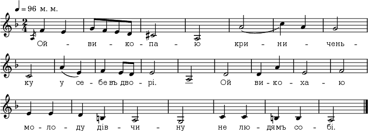 
\new Staff {
<<
\relative c' {
 \override Score.MetronomeMark.extra-offset = #'(-2 . 0)
 \omit Score.BarNumber
 \key f \major
 \tempo 4 = 96
 \time 2/4
 \slurDown
 \override Score.TextScript.extra-offset = #'(0 . 1.6)
\slashedGrace a8 f'4^"м. м." e | g8[f e d] | cis2 | a  | a'(c4) a | g2 \break
%2
c,2 a'4(e) | f4 e8[d] | e2 | a, | d | d4 a' | e2 f  \break
%3
e4 e | d b | a2 | g | c4 c b b a2 \bar "|."}

\new Lyrics \lyricmode {
 \override LyricText.font-size = #0
Ой2 -- ви4. -- ко8 -- па2 -- ю кри -- ни -- чень --
ку у4 се -- бе въ_дво -- рі.2 — Ой ви4 -- ко -- ха2 -- ю
мо4 -- ло -- ду дів -- чи2 -- ну не4 лю -- дямъ со -- бі.2
}
>>
}
