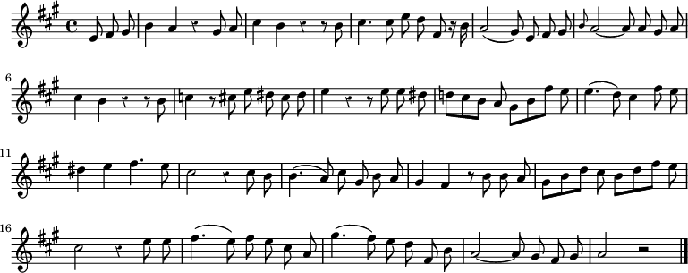 
\relative c' {
  \override Rest #'style = #'classical
  \key a \major
  \partial 4.
  \autoBeamOff
  e8 fis gis
  b4 a r gis8 a
  cis4 b r r8 b
  cis4. cis8 e d fis, r16 b
  a2( gis8) e fis gis

  \grace b a2~ a8 a gis a
  cis4 b r r8 b
  c4 r8 cis e dis cis dis
  e4 r r8 e e dis
  d![ cis b] a gis[ b fis'] e

  e4.( d8) cis4 fis8 e
  dis4 e fis4. e8
  cis2 r4 cis8 b
  b4.( a8) cis gis b a
  gis4 fis r8 b b a
  gis[ b d] cis b[ d fis] e

  cis2 r4 e8 e
  fis4.( e8) fis e cis a %manque une croche, je pointe la noire.
  gis'4.( fis8) e d fis, b
  a2~ a8 gis fis gis
  a2 r
  \bar "|."
}
