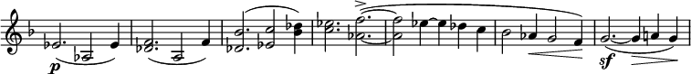 
\relative c' \new Staff \with { \remove "Time_signature_engraver" } { \key f \major \time 6/4 \set Score.tempoHideNote = ##t \tempo "" 4=132
 es2.\p( aes,2 es'4) <f des>2.( a,2 f'4) <bes des,>2.( <c es,>2 <des bes>4)
 <es c>2.) <f~ aes,~>->( q2 es4~ es des c bes2 aes4\< g2 f4\!) g2.\sf~( g4\> a! g\!)
}
