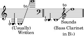 { \override Staff.TimeSignature #'stencil = ##f \cadenzaOn \accidentalStyle forget \parenthesize ees4_"(Usually)" e1_"Written"\glissando g'''^\markup { \halign #2.5 to } \bar "||" \clef bass \parenthesize des,4 d,1_\markup { \center-column { Sounds "(Bass Clarinet" "in B♭)" } }\glissando \clef treble f''^\markup { \halign #3 to } \bar "||" }