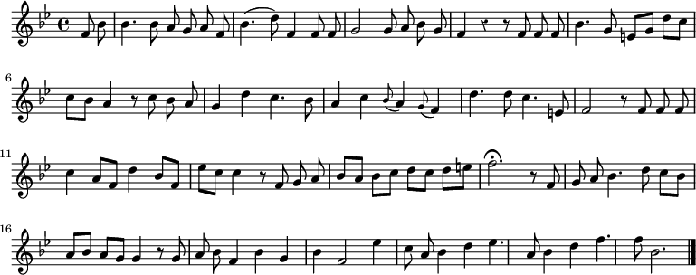 
\relative c' {
  \key bes \major
  \time 4/4
  \partial 4
  \autoBeamOff
  \override Rest #'style = #'classical
  f8 bes
  bes4. bes8 a g a f
  bes4.( d8) f,4 f8 f
  g2 g8 a bes g
  f4 r r8 f f f
  bes4. g8 e[ g] d'[ c]
  c[ bes] a4 r8 c bes a

  % tourne

  g4 d' c4. bes8
  a4 c \appoggiatura bes8 a4 \appoggiatura g8 f4
  d'4. d8 c4. e,8
  f2 r8 f f f
  c'4 a8[ f] d'4 bes8[ f]
  es'[ c] c4 r8 f, g a
  bes[ a] bes[ c] d[ c] d[ e]

  f2.\fermata r8 f, g a
  bes4. d8 c[ bes] a[ bes]
  a[ g] g4 r8 g a bes
  f4 bes g bes
  f2 es'4 c8 a
  bes4 d es4. a,8
  bes4 d f4. f8
  bes,2.
  \bar "|."
}
