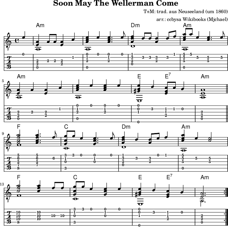 
\version "2.16.1"
\header {
  title = "Soon May The Wellerman Come"
  composer = "T+M: trad. aus Neuseeland (um 1860)"
  arranger = "arr.: ccbysa Wikibooks (Mjchael)"
}

myKey = {
  \clef "treble_8" \time 4/4  
  \key c \major \tempo 4 = 140 
  \set Score.tempoHideNote = ##t
  \set Staff.midiInstrument = "acoustic guitar (nylon)"
}

myChords = \chordmode {
  \set chordChanges = ##t
  s4 | a1:m | a:m | d:m | a:m |
  a:m | a:m | e2 e:7 | a1:m |
  f | c | d:m | a:m
  f | c | e2 e:7 | a2.:m |
}

Diskant = \relative c' {
  \partial 4
  \repeat volta 2 { e4 | 
  \omit StringNumber
  <e, a>4 a8 8 <e a>4 c' | 
  <a c e>4 e'4 <a, c e>4. e'8 | 
  <a, d f>4 d8 8 <a d>4 d8 f | 
  <c e a>8 a'8 e4\2 <c\3 e\2>4. e8\2 | \break
  <e, a>4 a <e a> c' | <a c e> e' <a, c e> e' | 
  <gis, b e> d' <e, gis c>8 c'8 b4 | <e, a>1 
  \bar "||" \break
  <a c f a>2 4. f'8\2 | 
  <g, c g'>8 g' e4  <g, c e>4. e'8 | 
  <a, d f>4 d4 <a d>8 e' f4 | 
  <c e a> e4\2 <c\3 e\2>2 | \break
  <c f\3 a\2>2 <c\4 f\3 a\2>4 f8\3 f8\3 | 
  <g, c g'>8 g'8 e4 <g, c e>4 e'4 | 
  <gis, b e> d' <e, gis c> b' | <e, a>2.
  }
}

Bass = \relative c {
  \voiceTwo
  \slurDown
  \partial 4
  \repeat volta 2 { s4 | 
  % unterdrücke Seitennummern in den Noten
  \omit StringNumber
  a1 | a | d  | a |
  a  | a | e  | a |
  f'\5 | c | d  | a |
  f'\5 | c | e, | a2. |
  }
}

Gitarre = << \Diskant \\ \Bass >>

\score {
  <<
    \new ChordNames { \myChords }
    \new Voice  { 
      \myKey
      \Gitarre 
    }
    \new TabStaff {
        \Gitarre
    }
  >>
  \layout { }
}

\score {
  <<
    \new Voice  { 
      \myKey
      \unfoldRepeats \Gitarre 
    }
  >>
  \midi { }
}

\paper {
  indent=0\mm
  line-width=180\mm
  oddFooterMarkup=##f
  oddHeaderMarkup=##f
  % bookTitleMarkup=##f
  scoreTitleMarkup=##f
}
