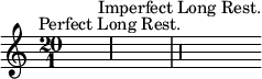 { \override Rest.style = #'mensural \time 20/1 s1 r\maxima^\markup { \center-align { "Perfect Long Rest." } } \bar "|" r\longa^\markup { \center-align { "Imperfect Long Rest." } } }