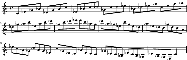 
{

\modalTranspose c c' { c des ees ges aes } { c8 ees ges aes } 
\modalTranspose c des' { c des ees ges aes } { c ees ges aes } 
\modalTranspose c ees' { c des ees ges aes } { c ees ges aes } 
\modalTranspose c ges' { c des ees ges aes } { c ees ges aes } 
\modalTranspose c aes' { c des ees ges aes } { c ees ges aes } 
\modalTranspose c c'' { c des ees ges aes } { c ees ges aes } 
\modalTranspose c des'' { c des ees ges aes } { c ees ges aes } 
\modalTranspose c ees'' { c des ees ges aes } { c ees ges aes } 
\modalTranspose c ges'' { c des ees ges aes } { c ees ges aes } 

\modalInversion c ees''' { c des ees ges aes } { c ees ges aes } 
\modalInversion c des''' { c des ees ges aes } { c ees ges aes } 
\modalInversion c c''' { c des ees ges aes } { c ees ges aes } 
\modalInversion c aes'' { c des ees ges aes } { c ees ges aes } 
\modalInversion c ges'' { c des ees ges aes } { c ees ges aes } 
\modalInversion c ees'' { c des ees ges aes } { c ees ges aes } 
\modalInversion c des'' { c des ees ges aes } { c ees ges aes } 
\modalInversion c c'' { c des ees ges aes } { c ees ges aes } 
\modalInversion c aes' { c des ees ges aes } { c ees ges aes } 
\modalInversion c ges' { c des ees ges aes } { c ees ges aes } 
\modalInversion c ees' { c des ees ges aes } { c ees ges aes } 
\modalInversion c des' { c des ees ges aes } { c ees ges aes } 

c'2

\bar "|."
}
