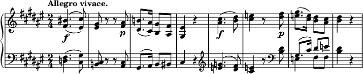 
 relative c' {
  new PianoStaff <<
   new Staff { key fis major time 2/4 tempo 