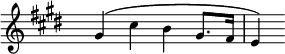 
\language "italiano"
melody = \relative do'' {
  \clef treble
  \key mi \major
  \time 4/4
  \override Staff.TimeSignature.transparent = ##t
    sold4\( dod si sold8. fad16 | mi4\)
}
\score {
  <<
    \new Voice = "mel"
    { \melody }
  >>
  \layout {
    \context { \Staff \RemoveEmptyStaves }
    indent = 0.0\cm
    \override Score.BarNumber #'stencil = ##f
    line-width = #120
    \set fontSize = #-1
  }
}
\header { tagline = ##f}