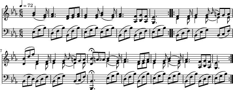 
<<
 \new Staff \relative c'' {
 \version "2.12.2" 
 \clef "treble" 
 \key ees \major
 \time 6/8 
 \tempo 4 = 72 
 \repeat volta 2 {
 s4. <g bes>4 (<ees g>8)
 <f aes>4. <d f>8 <ees g> <f aes>
 <ees g>4 <ees g>8 <g bes>4 (<ees g>8)
 <f aes>4. <aes, f'>8 <bes g'> <aes f'>
 <g ees'>4.
 }
 \repeat volta 2 { 
 <<{\stemDown d'4 d8 ees4 ees8 _(ees4) ees8 } \\ {\stemUp f4 f8 g4 g8 \grace bes16 ^(a8) g a}>>
 <d, bes'>8 ^(d' f) 
 <<{\stemDown d,4 d8 ees4 ees8 _(ees4) ees8 } \\ {\stemUp f4 f8 g4 g8 \grace bes16 ^(a8) g a }>>
 <d, bes'>8 \fermata a'aes
 <<{\stemDown g4 _(ees8) f4. d8 ees f ees4 ees8 g4 _(ees8) f4. } \\ {\stemUp bes4 ^(g8) aes4. f8 g aes g4 g8 bes4 ^(g8) aes4. }>>
 <aes, f'>8 < bes g'> < aes f'> < g ees'>4.
 }
}

 \new Staff\relative c { 
 \clef "bass" 
 \key ees \major
 \time 6/8 
 \repeat volta 2 { 
 s4. ees8 (g bes)
 d, (f bes) bes, (f' bes)
 ees, (g bes) ees, (g bes)
 bes, (f' bes) bes, (d f)
 ees (g bes)
 } 
 \repeat volta 2 {
 bes, (d f) bes, (ees g) bes, (c f)
 bes, (f' d) bes (d f)
 bes, (ees g) bes, (c f)
 <bes,, bes'>4. \fermata ees'8 (g bes)
 d, (f bes) bes, (f' bes)
 ees, (g bes) ees, (g bes)
 bes, (f' bes) bes, (d f)
 ees
 (g bes)
 } 
}
>>
