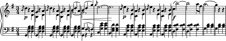 
 \relative c' {
 \new PianoStaff <<
 \new Staff { \key e \minor \time 3/4
 <<
 {
 s16 \slashedGrace b'8 s4 b4\rest a g b4\rest a \slashedGrace b8 s4 b4\rest a g b4\rest a b( d a) b( d g) \slashedGrace g8 s2. s \slashedGrace c,8 s4 b4\rest b a b4\rest b \slashedGrace c8 s4 b4\rest b a b4\rest b
 }
 \\
 {
 s16 d4\p s4 d, b s d d'4 s4 d, b s d g2.~ g\< e'2.^~ e\! e4\p s4 e, c s e e'4 s4 e, c s e c'\f^( b'2^~) b a8-. fis-. a2.^( g4) b,4\rest b4\rest
 }
 >>
 }
 \new Dynamics {
 
 }
 \new Staff { \key e \minor \time 3/4 \clef bass
 <<
 { s16 g,,4 s s g s s g s s g s s g s s g'( fis f) c s s b s s a s s a s s a s s a }
 \\
 { s16 s4 <d g b> <d g b> s <d g b> <d g b> s <d g b> <d g b> s <d g b> <d g b> s <d g b> <d g b> g, r r s <g' c e> <g c e> s <e g d'> <e g d'> s <e a c> <e a c> s <e a c> <e a c> s <e a c> <e a c> s <e a c> <e a c> d <fis c' d> <fis c' d> d <fis c' d> <fis c' d> g <b d> <b d> g <b d> <b d> }
 >>
 }
 >>
 }
