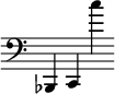 { \override Score.TimeSignature #'stencil = ##f \clef bass bes,,4 c, c'' }