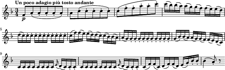 
\version "2.18.2"
\relative c'' {
 \key f \major
 \time 3/4
 \tempo "Un poco adagio più tosto andante "
 \tempo 4 = 60
 f,8 \p a-. (a-. a-. a-. a-. )
 a c-. (c-. c-. c-. c-. )
 c-. (f-. f-. a-. a-. c-.)
 c16 (bes) bes (a) a (g) g (f) f (e) e (d) 
 d (c) c-. c-. c-. c-. c-. c-. c-. c-. c-. c-.
 c (f) f (e) e (d) d (c) c (bes) bes (a)
 a (g) g-. g-. g-. g-. g-. g-. g-. g-. g-. g-. 
 g (bes) bes (a) a (g) g (f) f (e) d (c) 
 c c c c c c c c \grace e16 (d) (c) c-. c-. 
 c c c c c c c c \grace e16 (d) (c) c-. c-. 
 c (f) f (c) d (f) f (d) e (g) bes-. bes-.
 bes4 (a8-.) r
}
