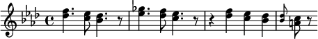 \relative c'' {\key f \minor <f des>4. <es c>8 <b des>4. r8 <ges' es>4. <f des>8 <es c>4. r8 r4 <f des>4 <es c> <des b> \grace <des b>8 <c a> r }