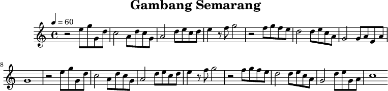 
X:1
L:1/4
T:Gambang Semarang
M:4/4
K:C
Q:1/4=60
C:
z2 e/2 g/2 G/2 d/2 | c2 A/2 d/2 c/2 G/2 | A2 d/2 e/2 c/2 d/2 | e z/2 f/2 g2 | z2 f/2 g/2 f/2 e/2 |d2 d/2 e/2 c/2 A/2 | G2 G/2 A/2 E/2 A/2 | G4 | z2 e/2 g/2 G/2 d/2 | c2 A/2 d/2 c/2 G/2 | A2 d/2 e/2 c/2 d/2 | e z/2 f/2 g2 | z2 f/2 g/2 f/2 e/2 |d2 d/2 e/2 c/2 A/2 | G2 d/2 e/2 G/2 A/2 | c4
