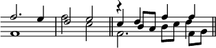 {
 \override Score.Clef #'stencil = ##f
 \override Score.TimeSignature #'stencil = ##f
 <<
  \relative c'' {
   \stemUp f2. e4 | d2 e2 \bar "||" | c'4\rest d, f f \bar "||"
   
  }
  \\
  \relative c' {
   f1 | f'2 c2 \bar "||" | f,2. f8[ g] \bar "||"
  }
  \\
  \relative c'' {
   s1 | s1 \bar "||" | c4 b8[ a] \stemDown b[ c] d4 \bar "||" |
  }
 >>
}