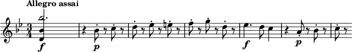 
\relative c''' {
  \key bes \major
  \time 3/4
  \tempo "Allegro assai"
  \tempo 4 = 100
  <<
    { bes2.\f | } \\
    { \stemUp <bes, d,>4 s2 | }
  >>
  r4 bes8-.\p r c-. r |
  d8-. r es-. r e-. r |
  f8-. r g-. r d-. r |
  es4.\f d8 c4 |
  r4 a8-.\p r bes-. r |
  c8-. r
}
