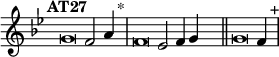 \language "français"
\relative { \key sol \minor \tempo "AT27"   
            \set Score.tempoHideNote = ##t \tempo 4 = 200 \cadenzaOn
            \override Score.TimeSignature.stencil = ##f
            \override Score.SpacingSpanner.common-shortest-duration = #(ly:make-moment 1 2)
\tweak duration-log #-1 \tweak Stem.stencil ##f 
sol'2 fa2 la4 s4.^"*"\bar "|"
\tweak duration-log #-1 \tweak Stem.stencil ##f 
fa2 mib2 fa4 sol4 s4.\bar "||" 
\tweak duration-log #-1 \tweak Stem.stencil ##f 
sol2 fa4 s4.^"+"\bar "|"
\cadenzaOff }