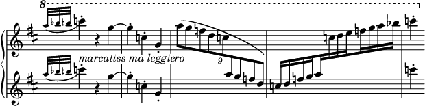 
 \relative c'''' {
  \new PianoStaff <<
   \new Staff = "R" \with { \remove "Time_signature_engraver" } { \key d \major \time 3/4  \set Score.tempoHideNote = ##t \tempo "" 2.=88
    \override TupletBracket.bracket-visibility = ##f
    \ottava #1 \appoggiatura { [a32 bes b] } c4-. r g~ g-. c,-. g-.
    \tuplet 9/6 { a'8( [ g f d c \change Staff = "L" a g f d] ) }
    \set subdivideBeams = ##t
    \set baseMoment = #(ly:make-moment 1/4)
    \set beatStructure = #'(1 1 1 1)
    c16[ d f g a \change Staff = "R" c d e f g a bes] c4-.)
   }
   \new Dynamics {
    \override TextScript #'whiteout = ##t
    s4^\markup \italic { marcatiss ma leggiero }
   }
   \new Staff = "L" \with { \remove "Time_signature_engraver" } {  \key d \major \time 3/4
     \appoggiatura { [a,32 bes b] } c4-. r g~ g-. c,-. g-. s2. s c'4-.
   }
  >>
 }
