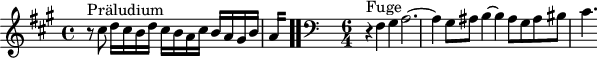 
\version "2.18.2"
\header {
  tagline = ##f
}

\score {
  \new Staff \with {
%fontSize = #-2
  }
<<
  \relative c'' {
    \key fis \minor
    \time 4/4

     %% INCIPIT CBT I-14, BWV 859, fa-dièse mineur
     r8^\markup{Präludium} cis8 d16 cis b d cis b a cis b a gis b | \once \override Staff.TimeSignature #'stencil = ##f \time 1/8
{ 
 % suppression des warnings :
 #(ly:set-option 'warning-as-error #f)
 #(ly:expect-warning (_ "stem does not fit in beam")) %% <= à traduire éventuellement
 #(ly:expect-warning (_ "beam was started here")) %% <= à traduire éventuellement
  \set stemRightBeamCount = #2
  a4*1/4[ s]
} \bar ".."

     \skip 16*1
     \override Staff.Clef.extra-offset = #'( -1 . 0 )
     \time 6/4 
     \clef bass
      r4^\markup{Fuge} fis,4 gis a2.~ a4 gis8 ais b4~ b4 ais8 gis ais bis cis4.
  }
>>
  \layout {
     \context { \Score \remove "Metronome_mark_engraver" 
     \override SpacingSpanner.common-shortest-duration = #(ly:make-moment 1/2) 
}
  }
  \midi {}
}
