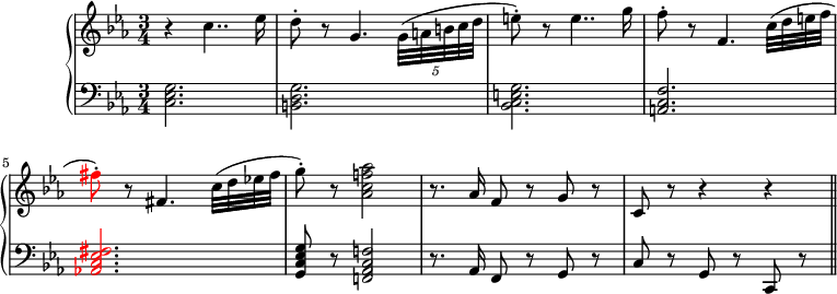 
\version "2.14.2"
\header {
 tagline = ##f
}
upper = \relative c'' {
 \clef treble 
 \key c \minor
 \time 3/4
 \tempo 2 = 63
 %\autoBeamOff

r4 c4.. es16 d8\staccato r g,4. \tuplet 5/4 { g32(a b c d } e8\staccato) r e4.. g16 f8\staccato r f,4. c'32 (d e f \tweak NoteHead.color #red \tweak Stem.color #red \tweak Accidental.color #red fis8\staccato) r fis,4. c'32 (d es! fis g8\staccato) r < as, c f! as >2 r8. as16 f8 r g r c, r r4 r \bar "||" }

lower = \relative c {
 \clef bass
 \key c \minor
 \time 3/4

 < c es g >2. < b d g > < bes c e g > < a c f > \override NoteHead.color = #red \override Stem.color = #red \override Accidental.color = #red < as! c es fis > \revert NoteHead.color \revert Stem.color \revert Accidental.color < g c es g >8 r < f! as c f! >2 r8. as16 f8 r g r c r g r c, r }

\score {
 \new PianoStaff <<
 \new Staff = "upper" \upper
 \new Staff = "lower" \lower
 >>
 \layout {
 \context {
 \Score
 \remove "Metronome_mark_engraver"
 }
 }
 \midi { }
}
