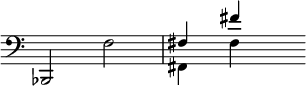 
\language "italiano"
melody = \relative do, {
  \clef "bass" 
  sib2 fa'' | << { fad4 fad' } \\ { fad,,4 fad' } >> s8
}
\score {
  \new Staff { \melody }
  \layout {
    \context { \Staff 
               \RemoveEmptyStaves 
               \remove "Time_signature_engraver"
             }
    \context { \Score
               \override SpacingSpanner.base-shortest-duration = #(ly:make-moment 1/64)
    }             
    indent = 0\cm
    \override Score.BarNumber #'stencil = ##f
  }
  \midi { }
}
\header { tagline = ##f}
