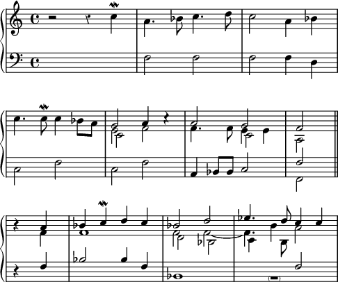 
\language "italiano"
porteeA = \relative do'' {
   << { \voiceOne
       \override Staff.Rest.style = #'classical
       si2\rest si4\rest \stemDown do4\mordent | la4. sib8 do4. re8 | do2 la4 sib | \break
       \override Score.Clef.break-visibility = ##(#f #f #f)
       \override Score.KeySignature.break-visibility = ##(#f #f #f)
       \override Staff.Rest.style = #'default
       do4. do8\mordent do4 sib8 la | \stemUp sol2 la4 do4\rest | la2 sol | fa2*2 \bar "||" \break
       si4*2\rest la | sib4 do\mordent re do | sib2 re | mib4. re8 do4 do |
      } 
     \new Voice { \voiceTwo 
      s1 | s1 | s1 | \break
      s1 | mi,2 fa | fa4. fa8 mi4 mi | la,2*2 \bar "||" \break
      s4*2 fa' | fa1 | fa2 fa~ | fa4. si,8 s2 |
     }
     \new Voice { \voiceThree
      s1 | s1 | s1 | \break
      s1 | \stemDown \once \override NoteColumn.force-hshift = #0.7 do2 s2 | s2 \once \override NoteColumn.force-hshift = #0.7 do2 | s1 | \break
      s1 | s1 | \once \override NoteColumn.force-hshift = #0.7 re2 \once \override NoteColumn.force-hshift = #0.7 sib | \once \override NoteColumn.force-hshift = #0.7 do4 si'4 la2 |
      }
   >>
}
porteeB = \relative do {
   << { \voiceOne
       \stemDown
       s1 | fa2 fa | fa fa4 re | \break
       do2 fa | do fa | \stemUp la,4 sib8 sib do2 | fa2*2 \bar "||" \break
       re4*2\rest fa | sib2 sib4 fa | sib,1 | s2 fa'2 |
      } 
     \new Voice { \voiceTwo
      s1 | s1 | s1 | \break
      s1 | s1 | s1 | fa,2*2 | \break
      s1 | s1 | s1 | s4 \parenthesize sol1*1/2\rest s4 |
     }
   >>
}
\score {
  \new PianoStaff <<
    \new Staff <<
      \clef treble \time 4/4 { \porteeA }
    >>
    \new Staff <<
      \clef bass   \time 4/4 { \porteeB }
    >>
  >>
  \layout {
    \context { \Staff \RemoveEmptyStaves }
    indent = 0\cm
    \override Score.BarNumber #'stencil = ##f
    line-width = #120
  }
  \midi { }
}
\header { tagline = ##f}
