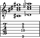  
<<
  %\override Score.BarLine.break-visibility = ##(#f #t #t)
  \time 2/1
    \new Staff  {
    \clef "treble_8"
        \once \override Staff.TimeSignature #'stencil = ##f
        <cis  bis dis' gis' >1 | <des  c' ees' aes' >1 |
    }

     \new TabStaff {
       \override Stem #'transparent = ##t
       \override Beam #'transparent = ##t 
      s2 <cis\6  c'\4 dis'\3 gis'\2 >1 s2
  }
>>
