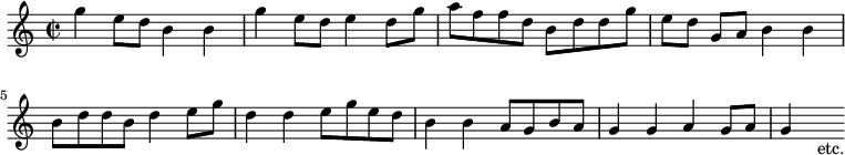 { \relative g'' { \time 2/2
 g4 e8 d b4 b | g' e8 d e4 d8 g | a f f d b d d g | %end line 1
 e d g,[ a] b4 b | b8 d d b d4 e8 g | d4 d e8 g e d | %end line 2
 b4 b a8 g b a | g4 g a g8 a | g4 s_"etc." } }