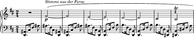 
 \new PianoStaff <<
 \new Staff \relative c'{\time 2/4 \key b \minor R1*1/2 \shape #'((0 . -1) (0 . 0) (0 . 0) (9 . 0)) Slur fis2^(\p~^\markup \italic {Stimme aus der Ferne} fis \once \override TextScript.outside-staff-padding = #-1 e~_\markup \right-align {\tiny"("} \once \override TextScript.outside-staff-padding = #-1 e~_\markup {\tiny"　)"} d~ d cis \override TextScript.outside-staff-priority = ##f \override TextScript.avoid-slur = #'inside \override Script.outside-staff-priority = ##f \override Script.avoid-slur = #'inside \override TextScript #'Y-offset = #1 b\trill^\markup \teeny{ \sharp })
}
 \new Staff \relative c {\clef bass \key b \minor 
<ais d,>8.[ cis16 fis8] ais ais8.[ fis16 cis8] <ais d,> <ais d,>8.[ cis16 fis8] ais ais8.[ fis16 cis8] <b d,> <b d,>8.[ d16 fis8] b b8.[ fis16 d8] <b d,> <b d,>8.[ d16 fis8] b b8.[ fis16 d8] <b dis,> <b dis,>8.[ dis16 fis8] a }
>>
