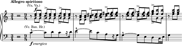 
\new GrandStaff <<
\new Staff \relative c'' {\clef tleble \set Score.tempoHideNote = ##t \tempo "Allegro spiritoso" 4. = 144
\time 3/4 \partial 8
\once \override Stem.transparent = ##t 
\once \override NoteHead.stencil = #ly:text-interface::print
        \once \override NoteHead.text = \markup \fontsize #5 \bold "="
a8 \bar ""
\time 9/8
<<
  {\override Rest.staff-position = #0 r8 ^\markup{\smaller \center-align {(Vn. Va.)}} <c e>^\f q <g f'>-> <c e> q <g f'>-> <c e> q
 r8 <a c> q <c dis>-> <a e'> q <e' fis>-> <c g'> q
 r8 <c g'> q <e as>-> <c g'> q <g' b>-> <e c'> q r <g c> q}
  \\
  \relative c''{ s8 g g c-> g g c-> g g s e e a-> c c c-> e e s e e c-> e e e-> g, g s e' e}
>>
}
\new Staff \relative c {\clef bass 
\time 3/4 \partial 8 
\once \override Stem.transparent = ##t 
\once \override NoteHead.stencil = #ly:text-interface::print
        \once \override NoteHead.text = \markup \fontsize #5 \bold "="
c8 \bar "" \time 9/8 
\scaleDurations 3/2 {c'4-^ _\markup{\dynamic f \italic energico} ^\markup{\smaller \right-align {(Vc. Bsn. Hr.)}} ~ c8[ d c r16 d] e4-^ ~ e8[ c a r16 g] g4-^ ~ g8[ e d c16 e] g4 }
}
>>
