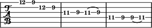 \new TabStaff {
    \relative  c'' {
      e des b\2 as\2
      ges\3 fes\3 ges\3( fes\3)
      des\4 ces\4 ces\4( des\4)
    }
}