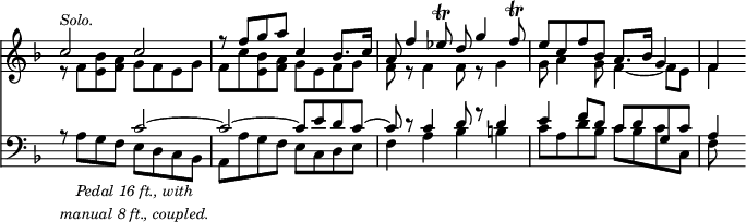 { \override Score.TimeSignature #'stencil = ##f \time 4/4 \key f \major << \clef treble \relative c'' << { c2^\markup { \italic \smaller Solo. } c | r8 f g a c,4 bes8. c16 | a8 f'4 ees8\trill d g4 f8\trill | e c f bes, a8. bes16 g4 | f } \\ { r8 f <bes e,> <a f> g f e g | f c' <bes e,> <a f> g e f g | f r f4 f8 r g4 | g8 a4 g8 f4 ~ f8 e | f4 } >>
\new Staff { \clef bass \key f \major \relative a << { r8_\markup { \center-column { \smaller { \italic "Pedal 16 ft., with" \italic "manual 8 ft., coupled." } } } s4. c2 ~ | c2 ~ c8 e d c ~ | c r c4 d8 r d4 | e f8 d c d g, c | a4 } \\ { s8 a g f e d c bes | a a' g f e c d e | f4 a bes b | c8 a d bes c bes c c, | f } >> } >> }