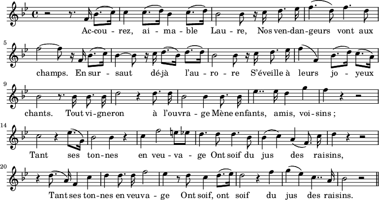 
\relative c' {
  \time 4/4
  \key bes \major
  \autoBeamOff
  \set Score.tempoHideNote = ##t
    \tempo 4 = 100
  \set Staff.midiInstrument = #"piccolo"
r2 r8. f16 bes8.[ (c16)] | c4 c8.[ (d16)] bes4 c8.[ (d16)]
bes2 bes8 r16 c d8. ees16 | f4. (d8) f4. d8
f2~ f8 r16 f, bes8.[ (c16)] | bes4~ bes8 r16 c d8.[ (bes16)] d8.[ (d16)]
bes2 bes8 r16 c d8. ees16 | f4 (f,) bes8.[ (d16)] c8.[ (a16)]
bes2 r8. bes16 bes8. bes16 | d2 r4 d8. d16 | bes2 bes4 bes8. bes16
ees4.. ees16 d4 g | f r r2 | c2 r4 ees8.[ (g,16)]
bes2 bes4 r | c f2 e8[ ees] | d4. d8 d4. bes8
bes4 (c) a (f8.) c'16 | d4 r r2 | r4 d8. (a16) f4 c'
d d8. d16 f2 | ees4 r8 d c4 d8.[ (ees16)]
% {page suivante}
d2 r4 f | g (ees) c4.. a16 | bes2 r \bar "||"
}
\addlyrics {
Ac -- cou -- rez, ai -- ma -- ble Lau -- re,
Nos ven -- dan -- geurs vont aux champs.
En sur -- saut dé -- jà l’au -- ro -- re
S’é -- veille à leurs jo -- yeux chants.
Tout vi -- gne -- ron à l’ou -- vra -- ge
Mène en -- fants, a -- mis, voi -- "sins ;"
Tant ses ton -- nes en veu -- va -- ge
Ont soif du jus des rai -- sins,
Tant ses ton -- nes en veu -- va -- ge
Ont soif, ont soif du jus des rai -- sins.
}
