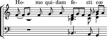 
\language "italiano"
voixSolHMusic   = \relative do' { 
  \clef treble
  \time 16/8
  \autoBeamOff
  fa8_( fa[) sol]_\markup { \lower #1 \musicglyph #"rests.0o" } s8 fa s8 sol s8 la s8 fa[ sol fa] fa sib[ la]
}
voixSolBMusic   = \relative do'' { s1 s4 <re, sib>4. do8 <sol' re>4 } 
voixFaHMusic = \relative do { s4 re1\rest sib4. la8 sol4 }
textL = \lyricmode { Ho- mo qui- dam fe- cit cœ }
\score {
  \new ChoirStaff <<
    \new Staff = "chant" <<
      \clef "treble"
      \new Voice = "mel"  { \voiceOne \voixSolHMusic }
      \new Voice = "acc" { \voiceTwo \voixSolBMusic }
      \new Lyrics \with { alignAboveContext = "chant" } { \lyricsto "mel" { \textL   } }
    >>
    \new Staff <<
      \clef "bass"
      \new Voice = "acc2" { \voiceOne \voixFaHMusic }
    >>
  >>
  \layout {
    \context { \Staff 
               \RemoveEmptyStaves 
               \remove "Time_signature_engraver"
               \remove "Bar_engraver"
             }
    indent = 0\cm
    \override Score.BarNumber #'stencil = ##f
  }
}
\header { tagline = ##f}
