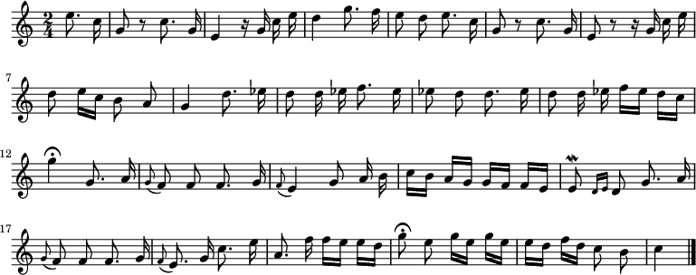 
\relative c'' {
  \time 2/4
  \partial 4
  \autoBeamOff
  e8. c16
  g8 r c8. g16
  e4 r16 g c e
  d4 g8. f16
  e8 d e8. c16
  g8 r c8. g16
  e8 r r16g c e
  d8 e16[ c] b8 a

  g4 d'8. es16
  d8 d16 es f8. es16
  es8 d d8. es16
  d8 d16 es f16[ es] d[ c]
  g'4\fermata g,8. a16
  \appoggiatura g8 f f f8. g16
  \appoggiatura f8 e4 g8 a16 b
  c[ b] a[ g] g[ f] f[ e]

  e8\mordent \grace { d16[ e] } d8 g8. a16
  \appoggiatura g8 f f f8. g16
  \appoggiatura f8 e8. g16 c8. e16
  a,8. f'16 f[ e] e[ d]
  g8\fermata e g16[ e] g[ e]
  e[ d] f[ d] c8 b
  c4
  \bar "|."
}
\midi {
  \context {
    \Score
    tempoWholesPerMinute = #(ly:make-moment 50 4)
  }
}
