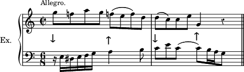 
\language "italiano"
upper = \relative do'' {
\clef treble
\key do \major
\cadenzaOn
\time 2/2
\override Rest.style = #'classical
 sol'8[^\markup {\raise #2 \center-align {Allegro.}}_\markup {\lower #3 \center-align \huge \char ##x2193 } fa! la sol] fa![\( mi fa\) re] \bar "|" re8[\(_\markup {\lower #3 \center-align \huge \char ##x2193 } do\) do mi] sol,4 r4 \bar "||"
}%upper
lower = \relative do' {
\clef bass
\key do \major
\cadenzaOn
\time 6/8
\override Rest.style = #'classical
r16 mi,16[ red mi fa sol] s16.. la4^\markup {\raise #2 \center-align \huge \char ##x2191 } s8 si8 s64 \bar "|" do8[ mi do]( s8 do[)^\markup {\raise #2 \center-align \huge \char ##x2191 } si16 la sol8] s8 \bar "||"
}%lower
\score {
\new PianoStaff <<
\set PianoStaff.instrumentName = \markup  #"Ex. "
\new Staff = upper \with {
      \consists "Timing_translator"
      \consists "Default_bar_line_engraver"
    }{  \upper }
\new Staff = lower \with {
    \consists "Timing_translator"
    \consists "Default_bar_line_engraver"}{ \lower }
>>
\layout{
  indent = 1\cm
  line-width = #120
  \set fontSize = #-1
  \override Score.BarNumber #'break-visibility = #'#(#f #f #f)
    \context {
    \Score
    \remove "Timing_translator"
    \remove "Default_bar_line_engraver"
    }
} %layout
} %score
\header { tagline = ##f}
