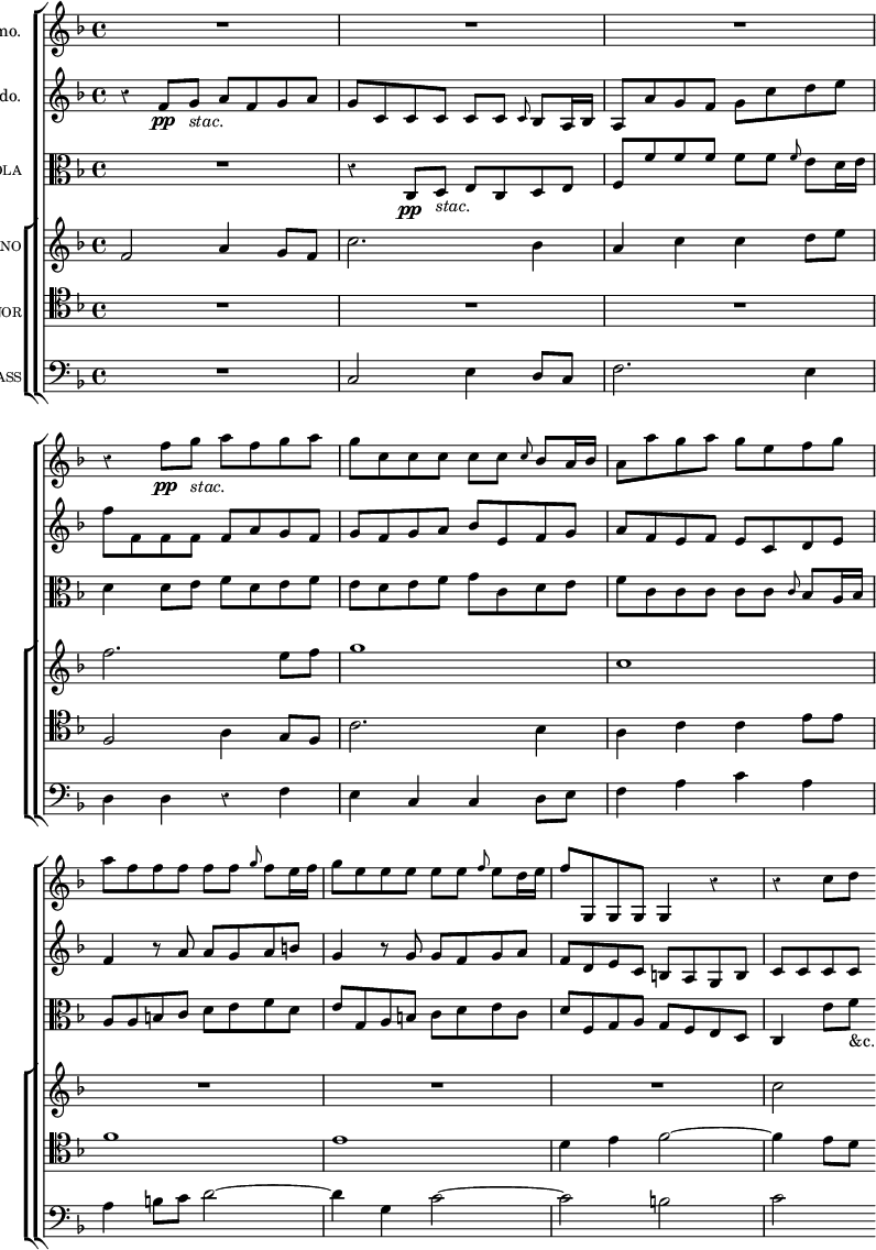 \new ChoirStaff <<
  \new Staff \with { instrumentName = \markup { \caps "Violino" 1mo. } }
    \relative f'' { \key f \major \time 4/4 \override Score.Rest #'style = #'classical \override Score.BarNumber #'break-visibility = #'#(#f #f #f)
     R1*3 %end page
     r4 f8\pp g_\markup \italic "stac." a f g a |
     g c, c c c c \grace c bes a16 bes |
     a8 a' g a g e f g %end line
     a f f f f f \grace g f e16 f |
     g8 e e e e e \grace f e d16 e |
     f8 g,, g g g4 r | r c'8 d
    }
  \new Staff \with { instrumentName = \markup { \caps "Violino" 2do. } }
     \relative f' { \key f \major
     r4 f8\pp g_\markup \italic "stac." a f g a |
     g c, c c c c \grace c bes a16 bes |
     a8 a' g f g c d e | %end page
     f8 f, f f f a g f | g f g a bes e, f g | a f e f e c d e %end line
     f4 r8 a a g a b | g4 r8 g g f g a |
     f d e c b a g b | c c c c
  }
  \new Staff \with { instrumentName = \markup \caps "Viola" }
     \relative c { \key f \major \clef alto
     R1 r4 c8\pp d_\markup \italic "stac." e c d e |
     f f' f f f f \grace f e d16 e %end page
     d4 d8 e f d e f | e d e f g c, d e | f c c c c c \grace c bes a16 bes %end line
     a8 a b c d e f d | e g, a b c d e c |
     d f, g a g f e d | c4 e'8 f_"&c."
    }
   \new ChoirStaff <<
     \new Staff \with { instrumentName = \markup \caps "Soprano" }
       \relative f' { \key f \major
        f2 a4 g8 f | c'2. bes4 | a c c d8 e %end page
        f2. e8 f | g1 c, %end page
        R1*3 c2
       }
     \new Staff \with { instrumentName = \markup \caps "Tenor" }
       \relative f { \key f \major \clef tenor
        R1*3 %end page
        f2 a4 g8 f | c'2. bes4 | a c c e8 e %end line
        f1 e d4 e f2 ~ | f4 e8 d
       }
     \new Staff \with { instrumentName = \markup \caps "Bass" }
       \relative c { \clef bass \key f \major 
       R1 c2 e4 d8 c | f2. e4 %end page
       d d r f | e c c d8 e | f4 a c a | %end line
       a4 b8 c d2 ~ | d4 g, c2 ~ | c b | c
     }
   >>
>>