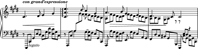 
\relative c' {
 \new PianoStaff <<
  \new Staff = "R" \with { \remove "Time_signature_engraver" } { \key cis \minor \time 4/4 \set Score.tempoHideNote = ##t
    \tempo \markup \italic { con grand'espressione } 4=60
    <<
     {
      cis4.( dis8 e4 gis <e' a, cis,>4.\arpeggio dis8 cis4 gis
      a4. b8 gis4 e dis4. cis8 cis2
     }
    \\
     { 
      s1 s4 \change Staff = "L" \stemUp a8*2/3 \change Staff = "R" \stemDown gis' fis~ fis e[ dis~] dis cis b
      a fis' e dis cis dis fis e dis~ dis cis b a b a gis a r r
     }
    >>
   }
   \new Dynamics {
    s4\< s s s\! s2. s4 s8*2/3 s\> s s2 s2 s4\!
   }
   \new Staff = "L" \with { \remove "Time_signature_engraver" } { \key cis \minor \time 4/4 \clef bass
    r8*2/3 cis,,, cis'_\markup \italic legato gis' e' dis cis gis' <dis' fis,> <cis e,> gis cis,
    r fis,, cis'' a'4( gis8*2/3~ <gis cis,> fis e gis, cis,
    fis, a''[ gis] <fis b,> e fis e, gis'[ fis] e a, gis
    fis dis' cis bis gis gis, cis, << { e''8*2/3 dis r4 } \\ { cis8*2/3 gis <cis e,> gis cis, } >>
   }
  >>
 }
