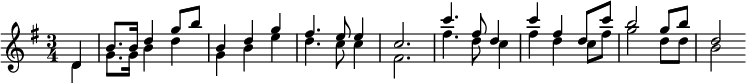 \relative c' { \clef treble \key g \major \time 3/4 \partial 4*1 << { d4 |  b'8.  b16 d4 g8 b |  b,4 dg |  fis4.  e8 e4 |  c2.  |  c'4.  fis,8 d4 |  c'fis, d8 c' |  b2 g8 b |  d,2 } \\ { d,4 |  g8.  g16 b4 ré |  g, être |  d4.  c8 c4 |  fis,2.  |  fis'4.  d8 c4 |  fis d c8 fis |  g2 d8 d |  b2 } >> }