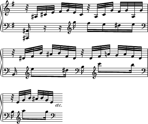 
\language "italiano"
porteeA = \relative do' {
  \time 2/4
  \override Staff.TimeSignature.color = #white
  \override Staff.TimeSignature.layer = #-1
  r32 lad[ dod mi] fad[ sol mi dod] r lad[ dod sol'] fad[ sol lad, sol'] | \break
  \override Score.Clef.break-visibility = ##(#f #f #f)
  \override Score.KeySignature.break-visibility = ##(#f #f #f)
  r red[ fad si] lad[ si fad red] r red fad la] sol[ la fad red] | \break
  r mi[ sol si] lad[ si sol mi] s8_\markup { \italic "etc." }
}
porteeB = \relative do {
  \override Staff.TimeSignature.color = #white
  \override Staff.TimeSignature.layer = #-1
  \time 2/4
  <lad lad,>16 r r \clef treble sol''' fad[ mi red mi] \clef bass | \break  
  \override Score.KeySignature.break-visibility = ##(#f #f #f)
  si,,16 \clef treble mi''8[ red16] \clef bass si,16 \clef treble do''8[ si16] \clef bass | \break
  si,,16 \clef treble la''8[ sol16] \clef bass s8
}
\score {
  \new PianoStaff <<
    \new Staff = "mel" <<
      \clef "treble" \key sol \major 
      \new Voice = "mel"  { \porteeA }
    >>
    \new Staff = "mel" <<
      \clef "bass" \key sol \major 
      \new Voice = "mel"  { \porteeB }
    >>
  >>
  \layout {
    \context { \Staff \RemoveEmptyStaves }
    indent = 0\cm
    \override Score.BarNumber #'stencil = ##f
    line-width = #120
    ragged-last = ##t
  }
  \midi { }
}
\header { tagline = ##f}
