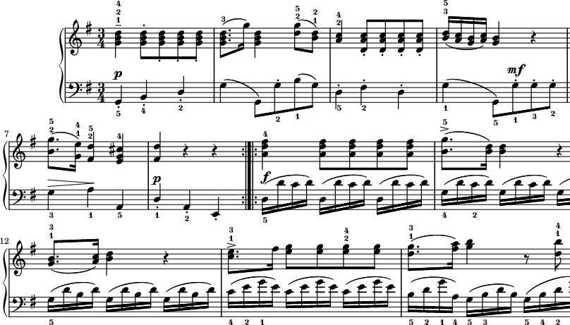 
\paper { #(set-paper-size "a2") oddHeaderMarkup = \evenHeaderMarkup }
\header { tagline = ##f }
\version "2.18.2"
\score {
\midi {  }
\layout { line-width = #280
indent = 2\cm}
\new PianoStaff <<
\new Staff = "up" { \clef "violin" \key g \major \time 3/4 \relative g' {
<g b d>4---1-2-4 <g b d>8-.[<g b d>_. <g b d>_. <g b d>_.] | <g b d>8.-3([g'16]) <g, b d>4 <d' g>8-2-5([<b d>-1-2]) | \stemUp <a c>4-2-4 <d, a' c>8-.[<d a' c>-. <d a' c>-. <d a' c>-.] | <b' d>16-3-5([<a c> <g b> <a c>]) <g b>4 r | <e g cis>-4 <e g cis>8[<e g cis> <e g cis> <e g cis>] | <fis d'>8.-1-3[<g e'>16-1-4] \stemNeutral <a fis'>4-1-5 r8 <a fis'>8-1-4 | 
<b g'>8.-2-5([<g e'>16-1-4]) <fis d'>4-2-5 <e g cis>-4 | <fis d'> r r \bar ":|.|:" <a d fis>-4 <a d fis>8[<a d fis> <a d fis> <a d fis>] | <b g'>8.^>-5([<b d>16]) <b d>4 r | <a c>-2-4 <a c>8[<a c> <a c> <a c>] | 
<g b>8.-1-3([<a c>16]) <b d>4 r | <c e>8.^>-1-3[fis16] <e g>8[<e g> <e g>-2-4 <e g>] | <d g>8.-1-3([<fis a>16]) <g b>4 r8 <d b'>-1-4 | <e c'>8.-2-5([<c a'>16-4]) <b g'>4-2-5 <a fis'>-1-4 | <b g'> r r \bar ":|."
} }
\new Staff = "down" { \clef "bass" \key g \major \time 3/4 \relative a, {
g4-._5^\p b-._4 \stemUp d-._2 | \stemNeutral g(g,8)[g'-._2 b_1(g)] | d4-._5 fis-._2 d-. | \stemDown g_1(g,8_5)[g'-._1^\mf g-._3 g-._2] | a4_1(a,8)^\<[a'-._1 a-._3 a-._2] \! | d4_1(d,8)^\<[d'-._1 d-._2 d-._1] | 
g,4_3^\> a_1\! \stemUp a,_5 | d-._1^\p a-._2 e-. \stemNeutral | d'16_5(^\f [d' c d]) d,([d' c d]) d,([d' c d]) | g,_4([d' c_2 d]) g,([d' c d]) g,([d' c d]) | d,_5([d' fis,_3  d']) d,([d' fis, d']) d,([d' fis, d']) | g,_5([d' b d]) g,([d' b d]) g,([d' b d]) | c_4([e_2 g_1 e]) c([e g e]) c([e g e]) | b_5([d_2 g_1 a,_4]) g_5([b_3 d b]) g_5([b_4 d_2 g_1]) | c,4-._3^\> d-._1\! d,-. | g-._1 d-._2 g,-. |
} }
>> }