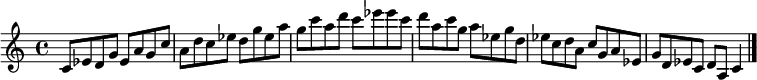 
{

\modalTranspose c c' { c d ees g a } { c8 ees } 
\modalTranspose c d' { c d ees g a } { c ees } 
\modalTranspose c ees' { c d ees g a } { c ees } 
\modalTranspose c g' { c d ees g a } { c ees } 
\modalTranspose c a' { c d ees g a } { c ees } 
\modalTranspose c c'' { c d ees g a } { c ees } 
\modalTranspose c d'' { c d ees g a } { c ees } 
\modalTranspose c ees'' { c d ees g a } { c ees } 
\modalTranspose c g'' { c d ees g a } { c ees } 
\modalTranspose c a'' { c d ees g a } { c ees } 
\modalTranspose c c''' { c d ees g a } { c ees } 

\modalInversion c ees''' { c d ees g a } { c ees } 
\modalInversion c d''' { c d ees g a } { c ees } 
\modalInversion c c''' { c d ees g a } { c ees } 
\modalInversion c a'' { c d ees g a } { c ees } 
\modalInversion c g'' { c d ees g a } { c ees } 
\modalInversion c ees'' { c d ees g a } { c ees } 
\modalInversion c d'' { c d ees g a } { c ees } 
\modalInversion c c'' { c d ees g a } { c ees } 
\modalInversion c a' { c d ees g a } { c ees } 
\modalInversion c g' { c d ees g a } { c ees } 
\modalInversion c ees' { c d ees g a } { c ees } 
\modalInversion c d' { c d ees g a } { c ees } 

c'4

\bar "|."
}
