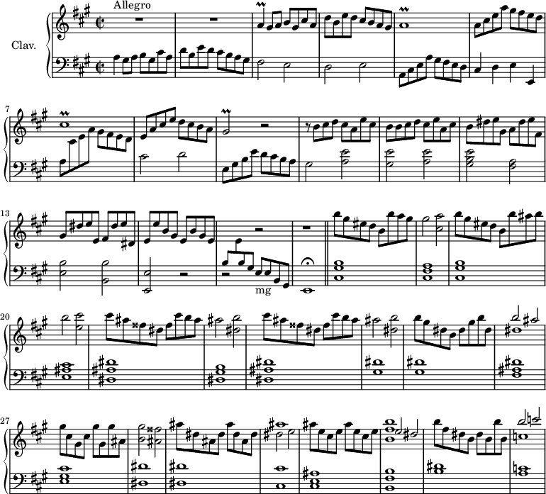 
\version "2.18.2"
\header {
  tagline = ##f
  % composer = "Domenico Scarlatti"
  % opus = "K. 368"
  % meter = "Allegro"
}

%% les petites notes
trillA       = { \tag #'print { a4\prall } \tag #'midi { b16 a b a } }
trillAr      = { \tag #'print { a1\prall } \tag #'midi { b16 a b a~ a2. } }
trillCisr    = { \tag #'print { cis1\prall } \tag #'midi { d16 cis d cis~ cis2. } }
trillGisb    = { \tag #'print { gis2\prall } \tag #'midi { a16 gis a gis~ gis4 } }

upper = \relative c'' {
  \clef treble 
  \key a \major
  \time 2/2
  \tempo 2 = 100
  \set Staff.midiInstrument = #"harpsichord"
  \override TupletBracket.bracket-visibility = ##f

      s8*0^\markup{Allegro}
      R1*2 | \trillA gis8 a b gis cis a | d b e d cis b a gis |
      % ms. 5
      \trillAr | a8 cis e a gis fis e d | \trillCisr | e,8 a cis e d cis b a |
      % ms. 9
      \trillGisb  r2 | r8 b8 cis d cis a e' cis | b b cis d cis e a, cis | b dis e gis, a dis e fis, |
      % ms. 13
      gis8 dis' e e, fis dis' e dis, | e e' b gis e b' gis e | \stemUp  \change Staff = "lower" b \stemDown \change Staff = "upper" e \stemUp  \change Staff = "lower" b \stemUp  \change Staff = "lower" gis  \stemNeutral  \change Staff = "upper"  r2 | r1 |
      % ms. 17
      b''8 gis eis d b b' a gis | gis2 < cis, a' > | b'8 gis eis d b b' ais b | b2 < e, cis' > |
      % ms. 21
      \repeat unfold 2 { cis'8 ais fisis dis fisis cis' b ais | ais2 < dis, b' > }
      % ms. 25
      b'8 gis dis b dis gis b dis, | << { b'2 ais } \\ { dis,1 } >> | gis8 cis, gis cis gis' gis, gis' ais, | < b gis' >2 < ais fisis' > | ais'8 dis, ais dis ais' dis, ais dis | 
      % ms. 30
      << { ais'1 } \\ { dis,2 e } >> | ais8 e cis e ais e cis e | << { e2 dis } \\ { < b fis' b >1 } >> | b'8 fis dis b dis b b' b, | << { b'2 c } \\ { c,1 } >>

}

lower = \relative c' {
  \clef bass
  \key a \major
  \time 2/2
  \set Staff.midiInstrument = #"harpsichord"
  \override TupletBracket.bracket-visibility = ##f

    % ************************************** \appoggiatura a16  \repeat unfold 2 {  } \times 2/3 { }   \omit TupletNumber 
      a4 gis8 a b gis cis a | d b e d cis b a gis | fis2 e | d e |
      % ms. 5
      a,8 cis e a gis fis e d | cis4 d e e, | a'8 \stemDown \change Staff = "upper"   cis e a gis fis e d | \stemNeutral \change Staff = "lower" cis2 d |
      % ms. 9
      e,8 gis b e d cis b a | gis2 < a e' >2 | < gis e' > < a e' > | < gis b e > < fis a > |
      % ms. 13
      < e b' >2 < b b' > | < e, e' > r2 | r2 e'8_\markup{mg} e b gis | e1\fermata  \bar "||"
      % ms. 17
      < cis' gis' b >1 | < cis fis a > | < cis gis' b > | < e ais cis >
      % ms. 21
      < dis ais' dis >1 | < dis gis b > | < dis ais' dis > | < gis dis' > |
      % ms. 25
      q1 | < fis ais dis >1 | < e gis cis > | < dis dis' > q | 
      % ms. 30
      < cis cis' >1 | < cis e ais > | < b fis' b > | < b' dis > | < a c >

}

thePianoStaff = \new PianoStaff <<
    \set PianoStaff.instrumentName = #"Clav."
    \new Staff = "upper" \upper
    \new Staff = "lower" \lower
  >>

\score {
  \keepWithTag #'print \thePianoStaff
  \layout {
      #(layout-set-staff-size 17)
    \context {
      \Score
     \override SpacingSpanner.common-shortest-duration = #(ly:make-moment 1/2)
      \remove "Metronome_mark_engraver"
    }
  }
}

\score {
  \keepWithTag #'midi \thePianoStaff
  \midi { }
}
