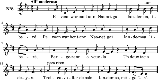 
\version "2.18.2"
\header {
  tagline = ##f
}
\score {
  <<
    \new Voice = "kan" {
      \set Staff.instrumentName = \markup {\large \bold N°8}
      \autoBeamOff
      \relative c' {
        \clef treble
        \key d \major
        \numericTimeSignature 
        \time 2/4
        %\partial 8*4
        % \set melismaBusyProperties = #'()
        % \override Rest #'style = #'classical
        \tempo \markup {All° moderato}
        \compressEmptyMeasures
        \override MultiMeasureRest.expand-limit = #1
        r4 r8 a'8 | d, e fis g | a \stemUp b a4 | \stemNeutral b8 a b^\< cis\! | \break
        cis^> ([ a]) a \breathe a | d, e fis g | a \stemUp b a4 | \stemNeutral b8 a b cis \break
        d([ a ]) a r | a4 d8 cis | b a fis8 ~ fis16 r | a8 fis e4 | \break
        a8 g fis8. r16 | a4^\markup {poco riten} d8 cis | \stemUp b a fis4 | a8 fis e a | fis8.([ d16]) d4 \bar "|." 
      } 
    }
    \new Lyrics \lyricsto "kan"
    { 
      %\override LyricText #'font-shape = #'italic
      Pa voan war bont ann Nao -- net gai lan -- de -- moa, li -- bé -- ré,
      Pa voan war bont ann Nao -- net gai lan -- de -- moa, li -- bé -- ré,
      Ber -- ge -- renn o voue -- la, __ Un deux trois de -- ly -- ra
      Trois ca -- va -- lier de bois lan -- de -- moa, mé -- ga -- ré.
    }
  >>
  \layout { 
    % indent = #00
    line-width = #160
    %  ragged-last = ##t
  }
  \midi {
    \context {
      \Score
      tempoWholesPerMinute = #(ly:make-moment 120 4)
    }
  }
}
