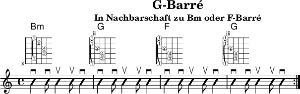 
\version "2.20.0"
\header {
  title="G-Barré"
  subtitle="In Nachbarschaft zu Bm oder F-Barré"
  encoder="mjchael"
}

myShapes = {
  \new FretBoards {
    \override FretBoards.FretBoard.size = #'1.5
    \override FretBoard.fret-diagram-details.finger-code = #'in-dot
    \override FretBoard.fret-diagram-details.dot-color = #'white
    \override FretBoard.fret-diagram-details.orientation =
        #'landscape
 < b,-1 fis-3 b-4 d'-2 fis'-1> 1 % Bm
 < g,-1 d-3 g-4 b-2 d'-1 g'-1> 1 % G
 < f,-1 c-3 f-4 a-2 c'-1 f'-1> 1 % F
 < g,-1 d-3 g-4 b-2 d'-1 g'-1> 1 % G
  }
}

myChords = \new ChordNames { \chordmode {
    b1:m g f g
}}

myRhythm = { \repeat volta 4 {
  <b, fis b d' fis'>4\downbow 8\downbow 4\upbow 8\upbow 4\downbow
  <g, d g b d' g'>4\downbow 8\downbow 4\upbow 8\upbow 4\downbow
  <f, c f a c' f' >4\downbow 8\downbow 4\upbow 8\upbow 4\downbow 
  < g, d g b d' g' >4\downbow 8\downbow 4\upbow 8\upbow 4\downbow
}}

\score { << %layout
  \myChords
  \myShapes
  \new Voice \with {
    \consists "Pitch_squash_engraver"
  }{
    \set Staff.midiInstrument = "acoustic guitar (nylon)"
    \improvisationOn
    \override NoteHead.X-offset = 0
    \myRhythm
  }
>> \layout{} }

\score { << % midi
  \unfoldRepeats {
    \tempo 4 = 120
    \time 4/4
    \key d \major
    \set Staff.midiInstrument = #"acoustic guitar (nylon)"
    \myRhythm 
    <b,-1 fis-3 b-4 d'-2 fis'-1>1 
  }
>> \midi{} }

\paper {
  indent=0\mm
  line-width=180\mm
  oddFooterMarkup=##f
  oddHeaderMarkup=##f
  % bookTitleMarkup=##f
  scoreTitleMarkup=##f
}
